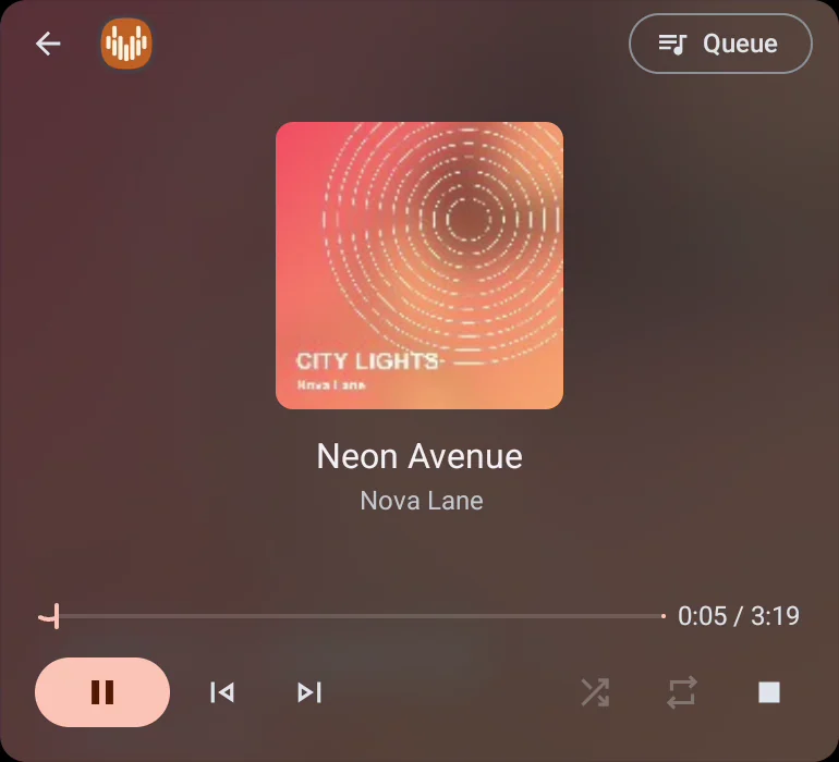 Now Playing on Android Auto with play, skip, shuffle, repeat and the queue