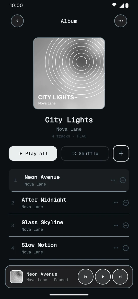 An album page in the E-ink dark theme