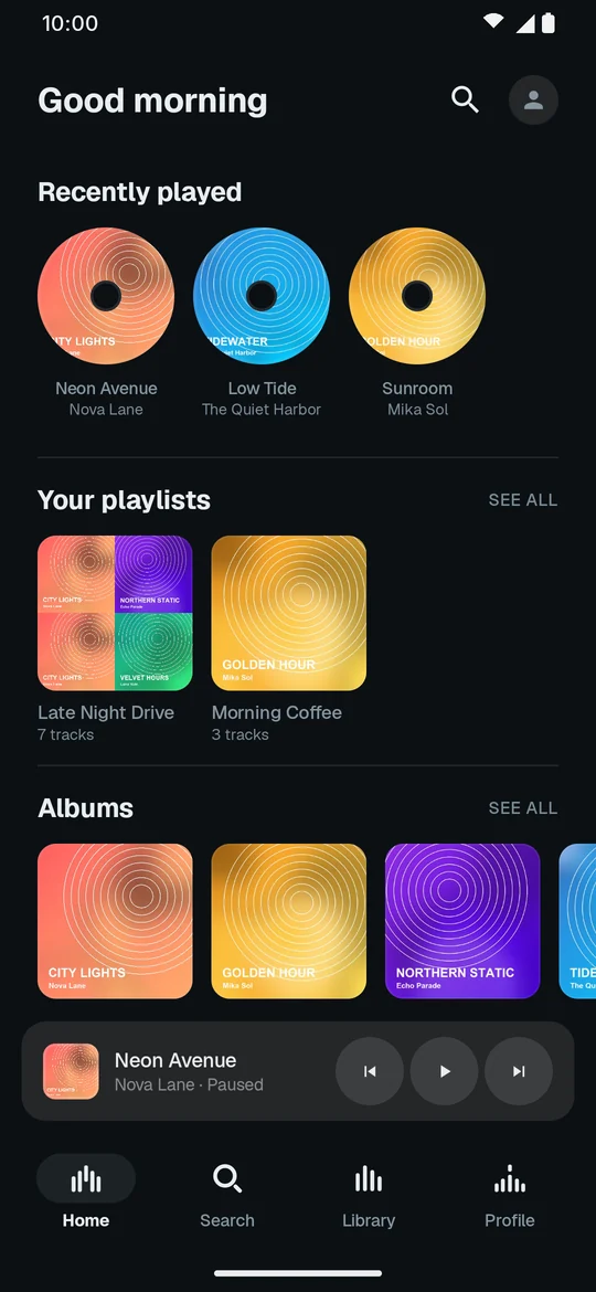 Home with recently played songs, playlists and albums in the Dark theme