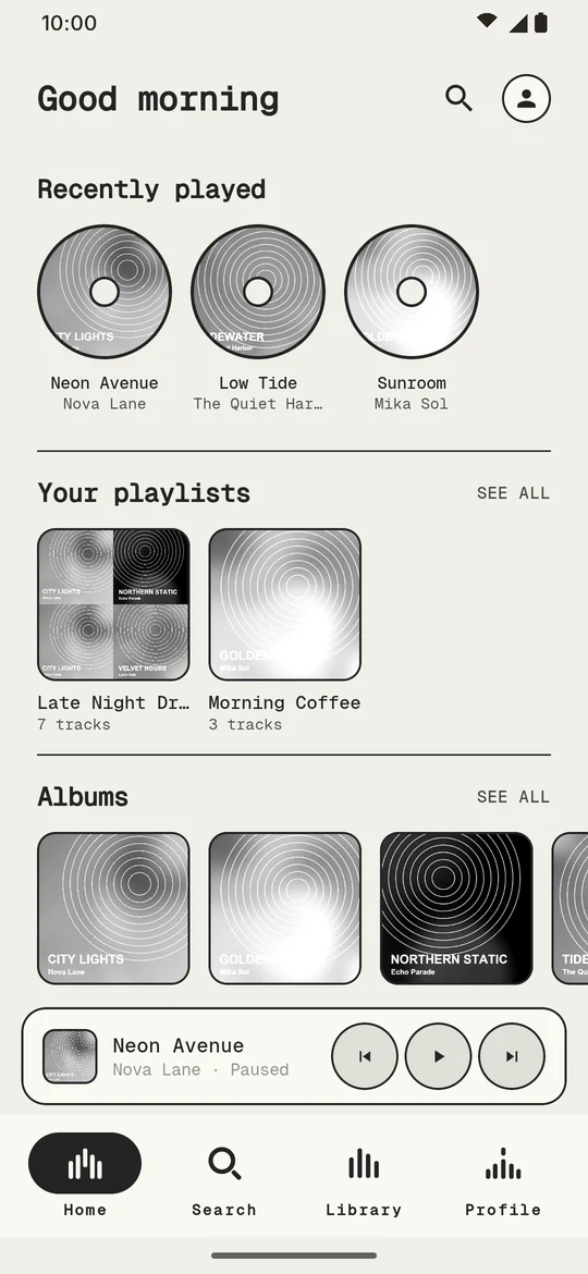 Home with recently played songs, playlists and albums in the E-ink theme