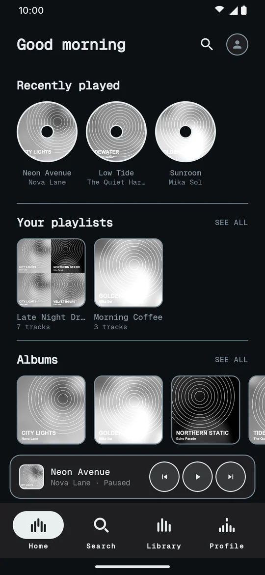 Home with recently played songs, playlists and albums in the E-ink dark theme