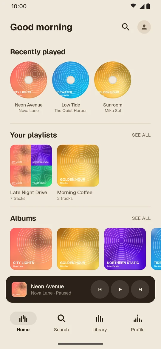 Home with recently played songs, playlists and albums in the Light theme