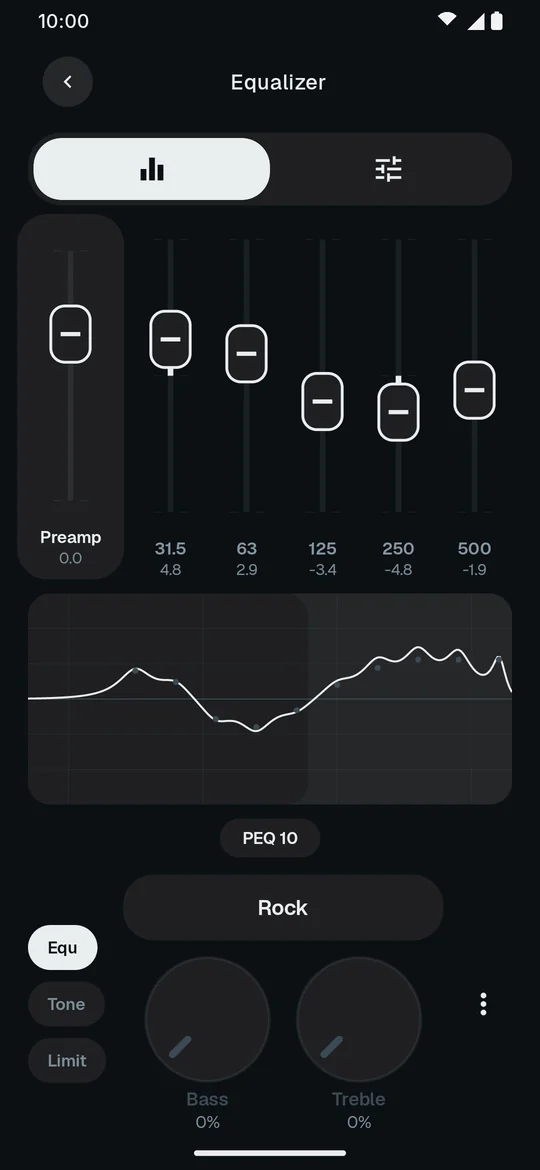 The parametric equalizer in Miauw, showing the Rock preset and its frequency response curve