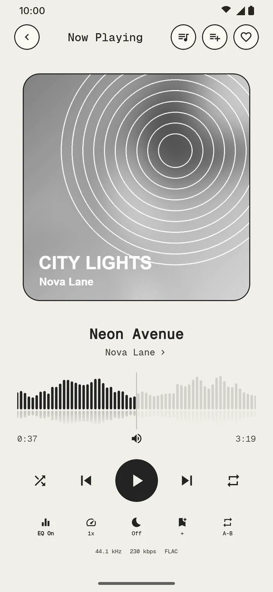 Now Playing with the waveform seek bar in the E-ink theme