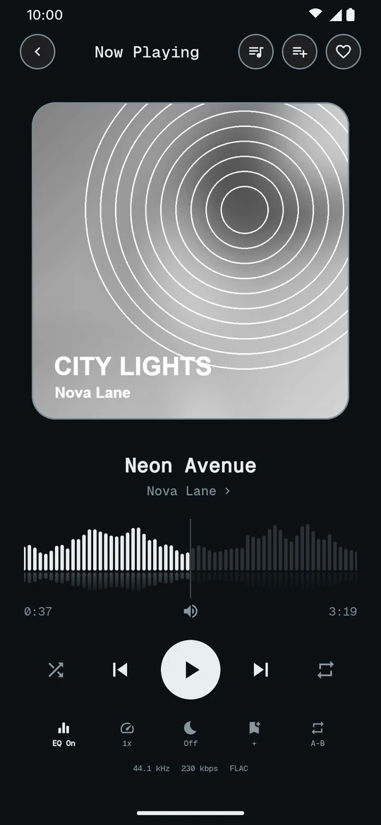 Now Playing with the waveform seek bar in the E-ink dark theme