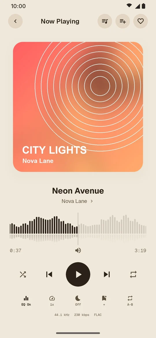 Now Playing with the waveform seek bar in the Light theme