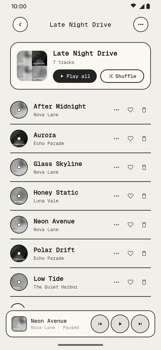 A playlist in the E-ink theme