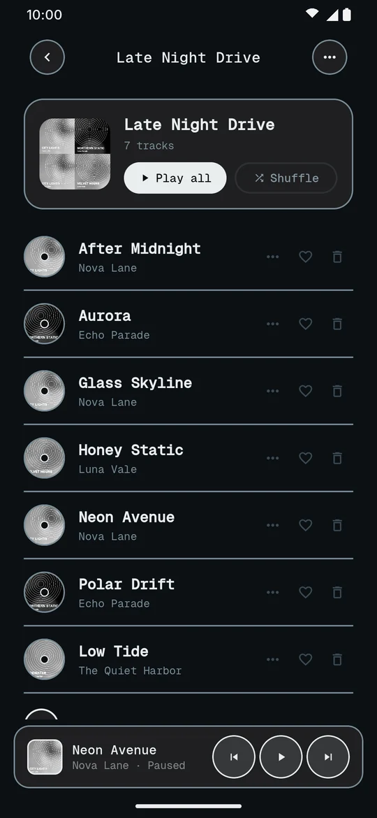 A playlist in the E-ink dark theme